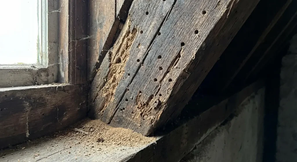 Bonte knaagkever: schade herkennen in draagbalken